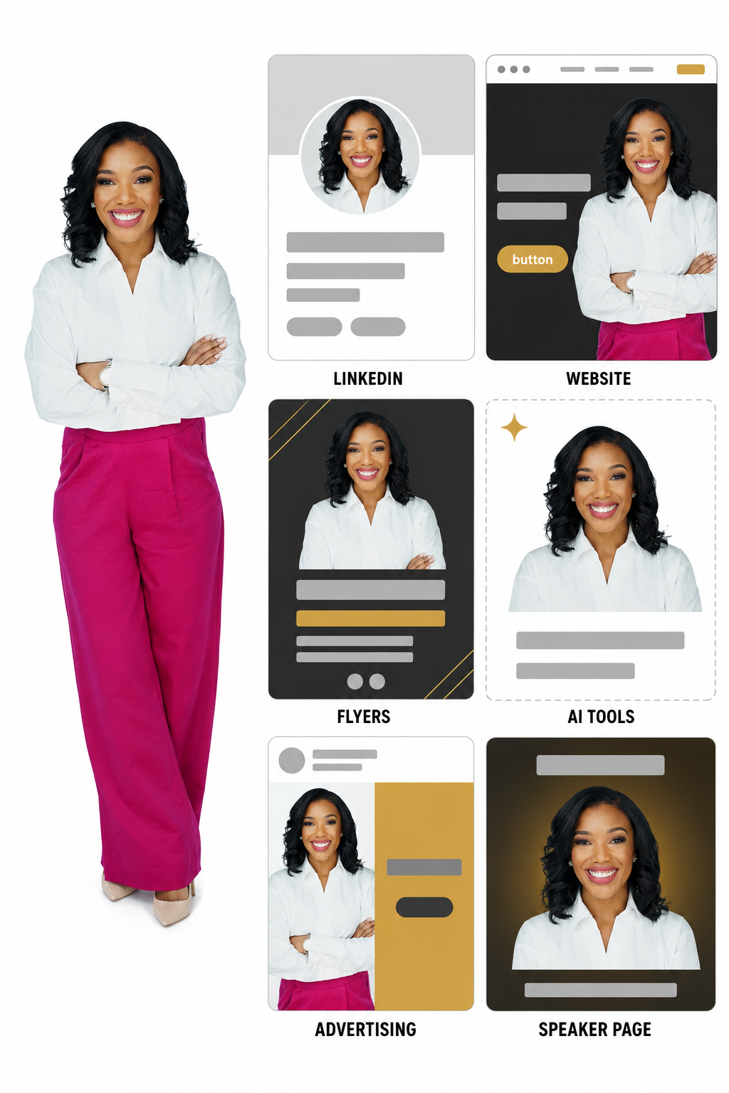 Example use cases for a Brand-Ready Image: LinkedIn, website, flyers, AI tools, advertising, and speaker page.